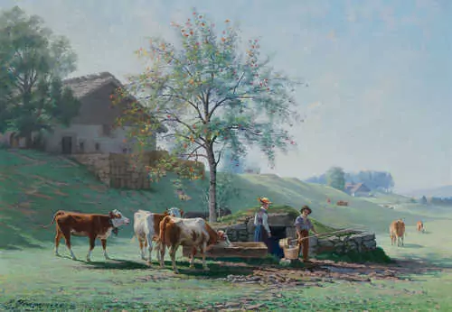 ÉDOUARD JEANMAIRE — Une idylle à l'abreuvoir pré Kaufman à la Joux-Perret. 1905. — Koller Auktionen