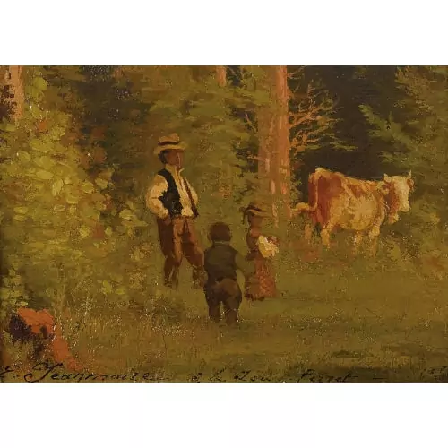 Waldlichtung mit Vater, Kuh und Kindern