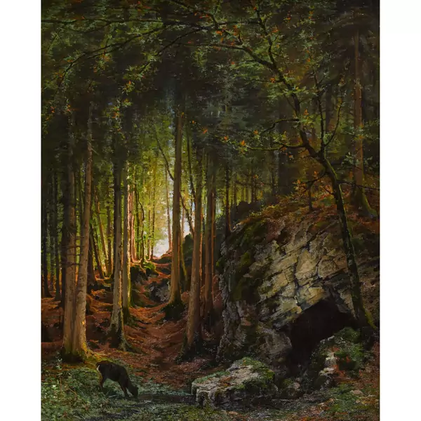 Waldinneres mit Reh am Bach