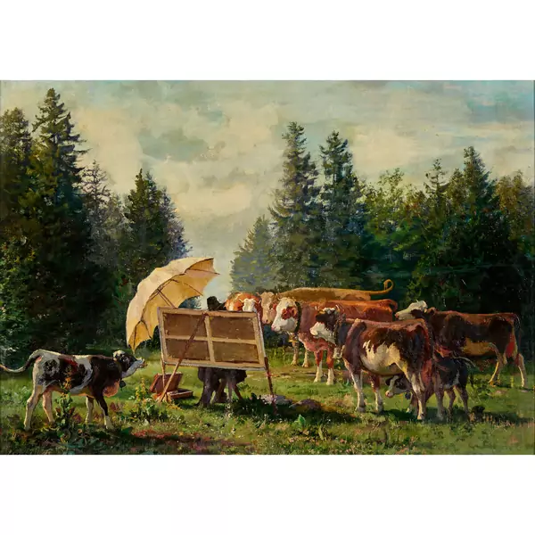 Pleinair-Maler an der Staffelei mit Kuhherde