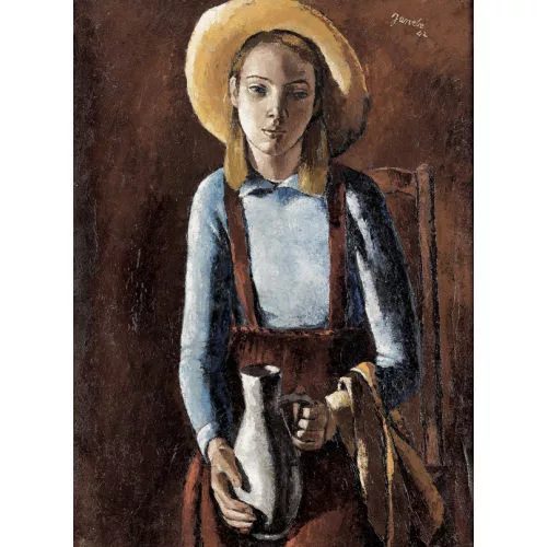Jeanne BARRAUD-PELLET — Junges Mädchen mit Krug vor rotem Hintergrund.