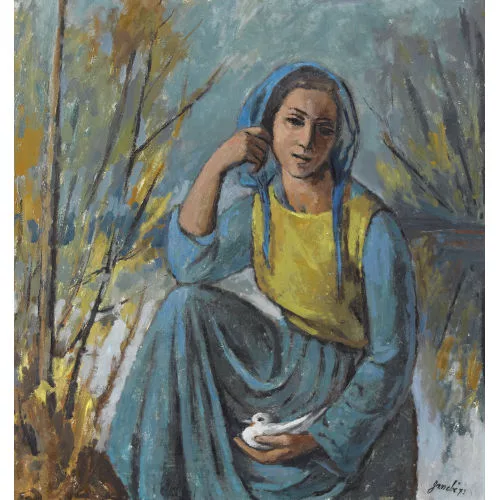 Jeanne BARRAUD-PELLET — Seeuferpartie mit sitzender Frau.