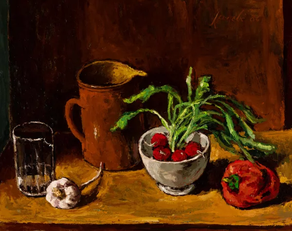 Jeanne BARRAUD-PELLET — Stillleben mit Radieschen, Knoblauch und Peperoni