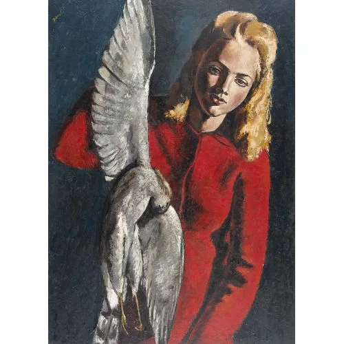 Jeanne BARRAUD-PELLET — Frau in rotem Kleid mit Falke.