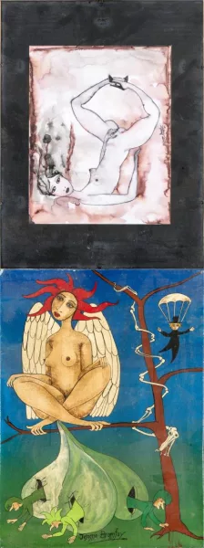 Jérôme Bromfay — Jérome Bromfay (1935-2015, F), 'Femme oiseau, le serpent squelette et l'homme parachute' & 'femme se touchant le clitoris'.