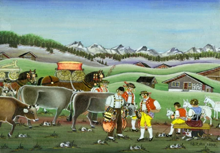 Sennen beim "Schelleschötte" vor Alplandschaft, 1900