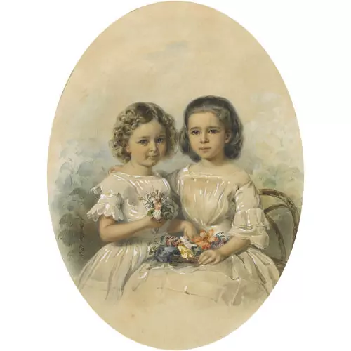 Porträt zweier Mädchen mit Blumenschmuck