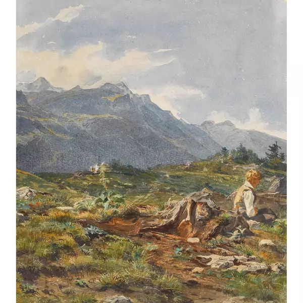 Berglandschaft mit rastendem Jüngling