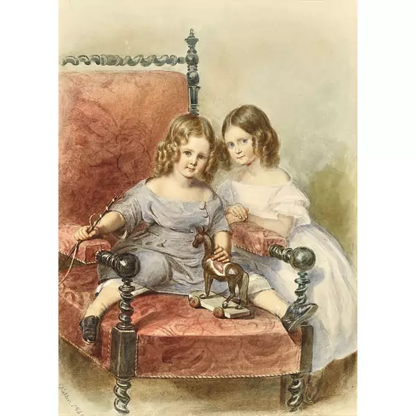 Porträt von Anna und Georges Freudenreich mit Spielzeugpferd
