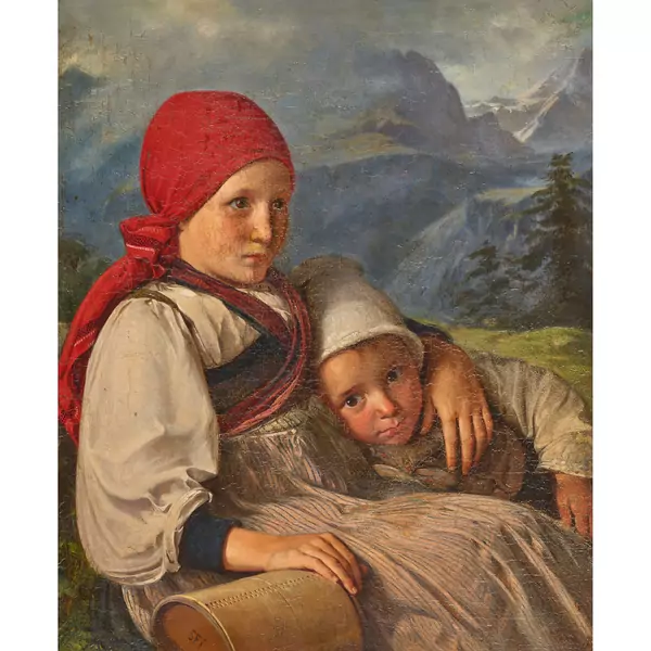 Sitzendes Kinderpaar auf der Alp