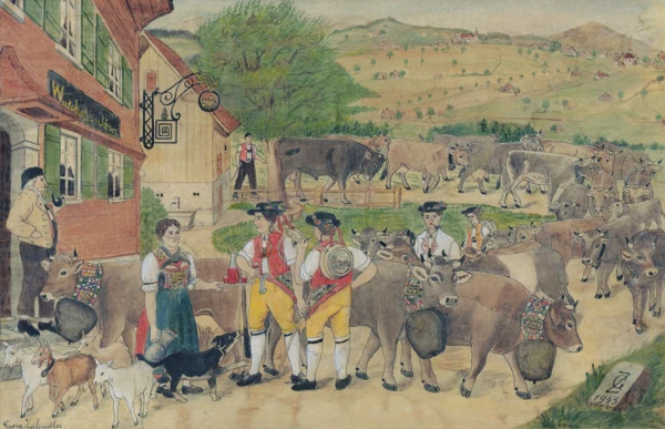Johann Georg Zähndler — SENNEN UND KÜHE VOR WIRTSCHAFT ZUM OCHSEN, 1943"SENNS" AND COWS IN FRONT OF THE BULL'S INN, 1943