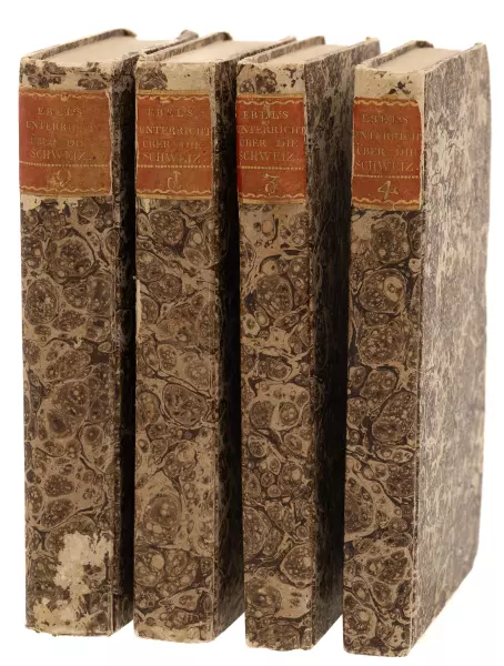 Objektbeschrieb : «Anleitung auf die nützlichste und genussvollste Art die Schweitz zu bereisen». Zürich, Orell, Füssli und Compagne, 1804/1805. Vier marmorierte Pappbände mit Aquatinta-Ansichten und