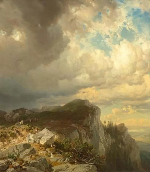 JOHANN GOTTFRIED STEFFAN — Felslandschaft mit Ziegenherde unter wolkenverhangenem Himmel. 1855. — Koller Auktionen