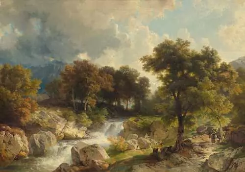 JOHANN GOTTFRIED STEFFAN — Forest landscape with river and goats. 1855. — Koller Auktionen