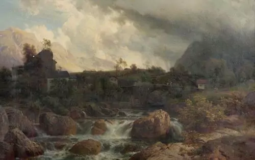 JOHANN GOTTFRIED STEFFAN — Häuser an einem Bach. 1874. — Koller Auktionen