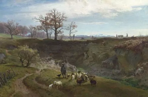 JOHANN GOTTFRIED STEFFAN — Landschaft mit Schafen und Hirten und Weitblick in die Berge. 1872. — Koller Auktionen