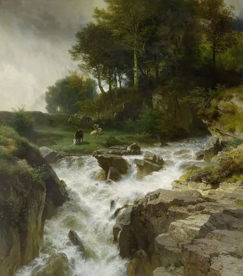 JOHANN GOTTFRIED STEFFAN — Bergbach mit Hirte und Kühen. 1883. — Koller Auktionen
