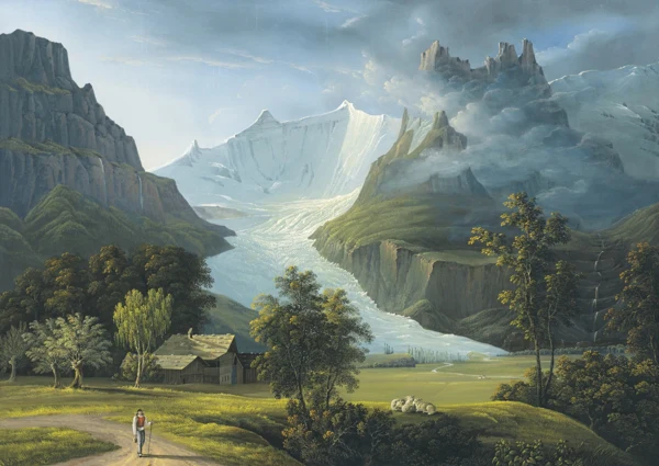 Johann Heinrich Bleuler — DER GRINDELWALDGLETSCHER MIT DEN FIESCHHÖRNERN UND DEM HÖRNLIGRATTHE GLACIER OF GRINDELWALD WITH MOUNTAIN PEAKS FIESCHHÖRNER AND HÖRNLIGRAT