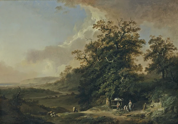 Johann Heinrich Wüest — Landschaft mit Reisenden an einem FlussuferLandschaft mit Fischern, Hirten und Vieh