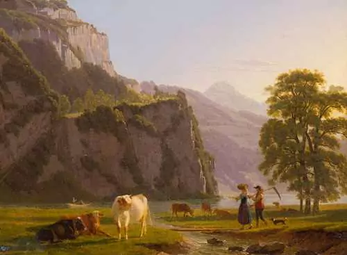 JOHANN JAKOB BIEDERMANN — Blick auf den Lauerzersee mit weidenden Kühen, einem Bauernpaar mit Hund und einem Ruderboot. — Koller Auktionen