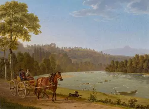 JOHANN JAKOB BIEDERMANN — Blick auf Schloss Ötlishausen mit Reisenden in einer Kutsche entlang der Thur. — Koller Auktionen