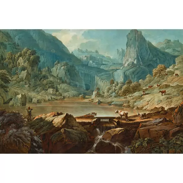 Bergsee mit Vieh und Jägern