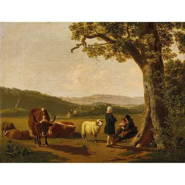Landschaft mit Vieh und Familie am Fuss einer Eiche