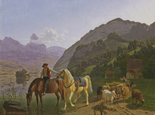 Johann Jakob Biedermann — REITER MIT ZWEI PFERDEN UND HERDE, 1809RIDER WITH TWO HORSES AND HERD, 1809