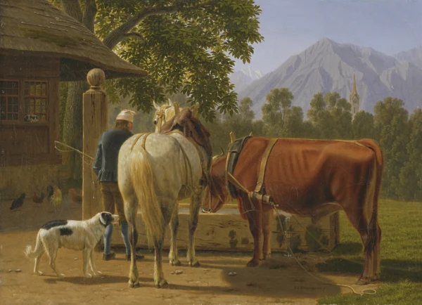 Johann Jakob Biedermann — EIN PFERD UND EINE KUH AM BRUNNEN, IM HINTERGRUND DER NIESENA HORSE AND COW AT A WELL, IN THE BACKGROUND MOUNTAIN PEAK NIESEN