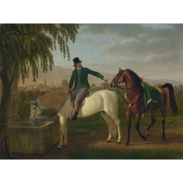 Johann Jakob Biedermann — REITER UND PFERD AM BRUNNEN MIT BLICK AUF ZÜRICH UND UETLIBERGMAN ON HORSEBACK AT FOUNTAIN WITH VIEW OVER ZURICH AND THE UETLIBERG