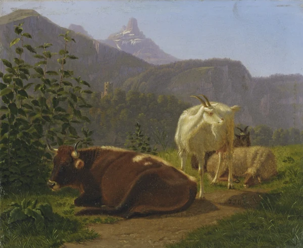 Johann Jakob Biedermann — Tiere vor Berglandschaft