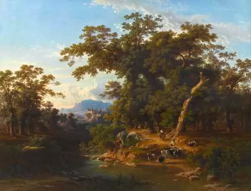 JOHANN JAKOB FREY — Rinderhirten am Fluss vor einer weiten Landschaft. — Koller Auktionen