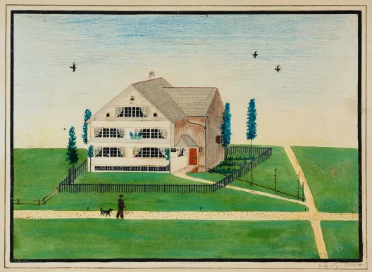 Johann Jakob Heuscher — Haus mit Spaziergänger und Hund im Vordergrund, 1865