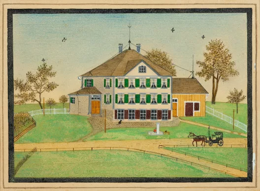 Johann Jakob Heuscher — Haus mit Kutsche im Vordergrund, Die alte Post in Herisau-Schachen-Hub, 1880
