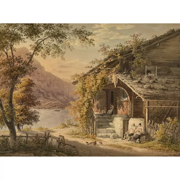 Häusliche Idylle vor Berg- und Seelandschaft