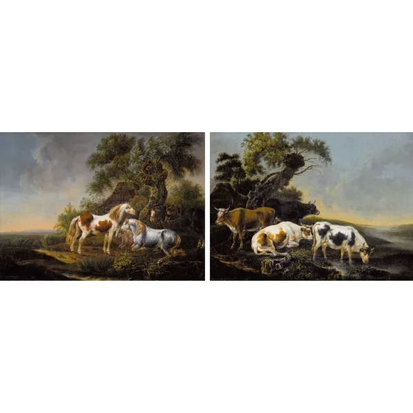 Johann Jakob Schalch — Paar Landschaften mit Kühen an der Tränke und mit Pferden.