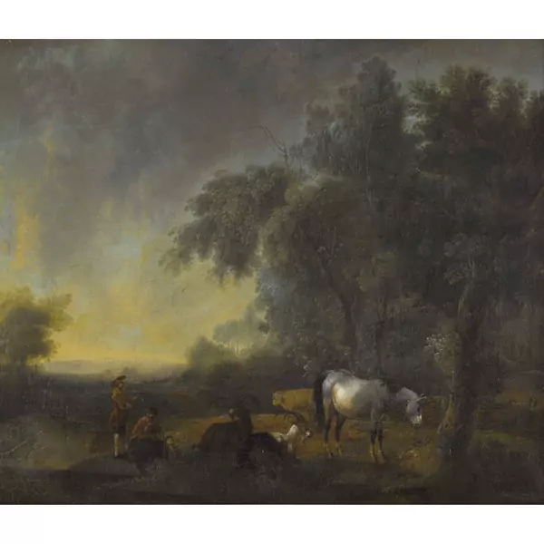 Baumlandschaft mit Hirten und Paarhufern