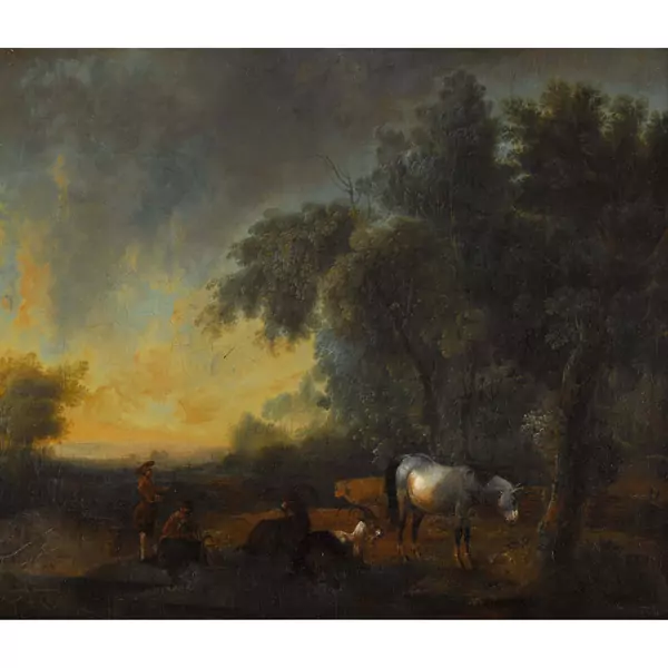 Baumlandschaft mit Hirten und Paarhufern