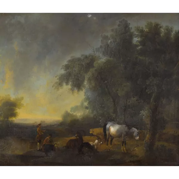 Baumlandschaft mit Hirten und Paarhufern