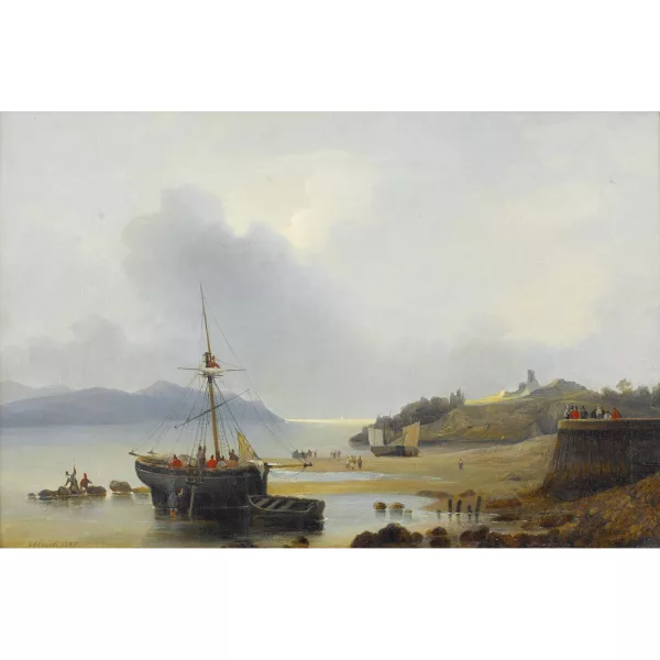 Johann Jakob Ulrich II. — Küstenpartie bei Ebbe mit Segelschiffen und Staffage.