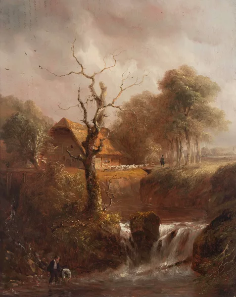 Johann Jakob Ulrich II. — Flusslandschaft mit Bauernhaus und Staffage, 1846