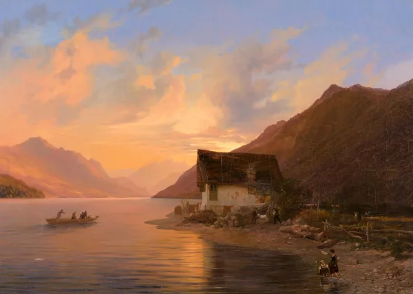 Johann Jakob Ulrich II. — Fischerhaus am See bei Sonnenuntergang, 1845