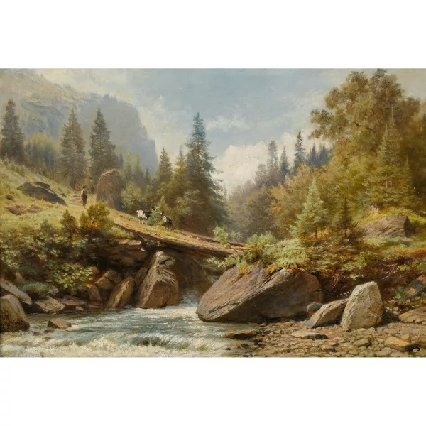 Johann Joseph Geisser — Sommerlicher Bergbach mit Steg und Kühen.