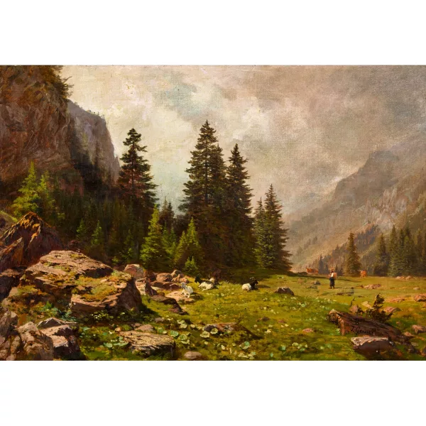 Johann Joseph Geisser — Alplandschaft mit Hirtin, Ziegenherde und Kühen.
