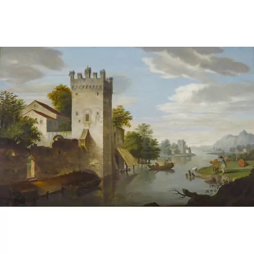 Flusslandschaft mit Wehrtürmen und Schäfer