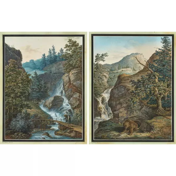 Paar Ansichten mit Wasserfällen und Bär bzw. Brücke und Bauern