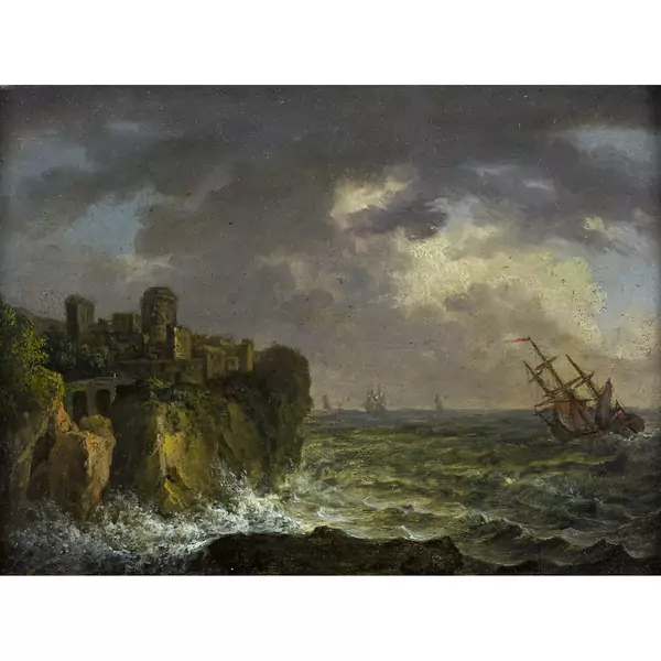Stürmische Küstenpartie mit Segelschiff