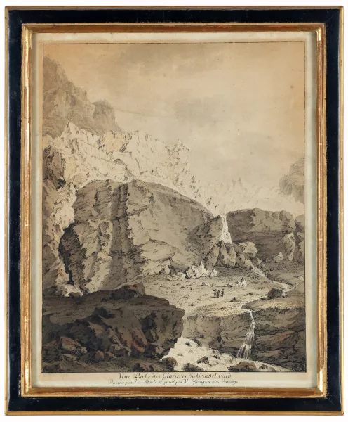 Johann Ludwig Aberli — Une partie des Glacières du Grindelwald, Chute d'eau appellée Staubbach dans la vallée Louterbrunnen, Defsiné sur les Rempart à Berne,