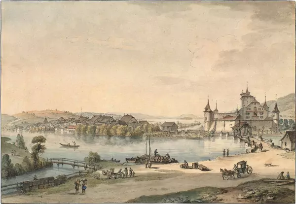 Johann Ludwig Aberli — Ansicht des Schlosses und des Dorfes von Nidau, mit einem mit Weinfässern beladenen Schiff und einer Kutsche im Vordergrund — Galerie Kornfeld