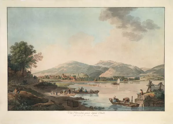 Johann Ludwig Aberli — Vue d’Yverdon depuis Clindi/dessiné et gravé par J. L. Aberli avec Privilège — Galerie Kornfeld